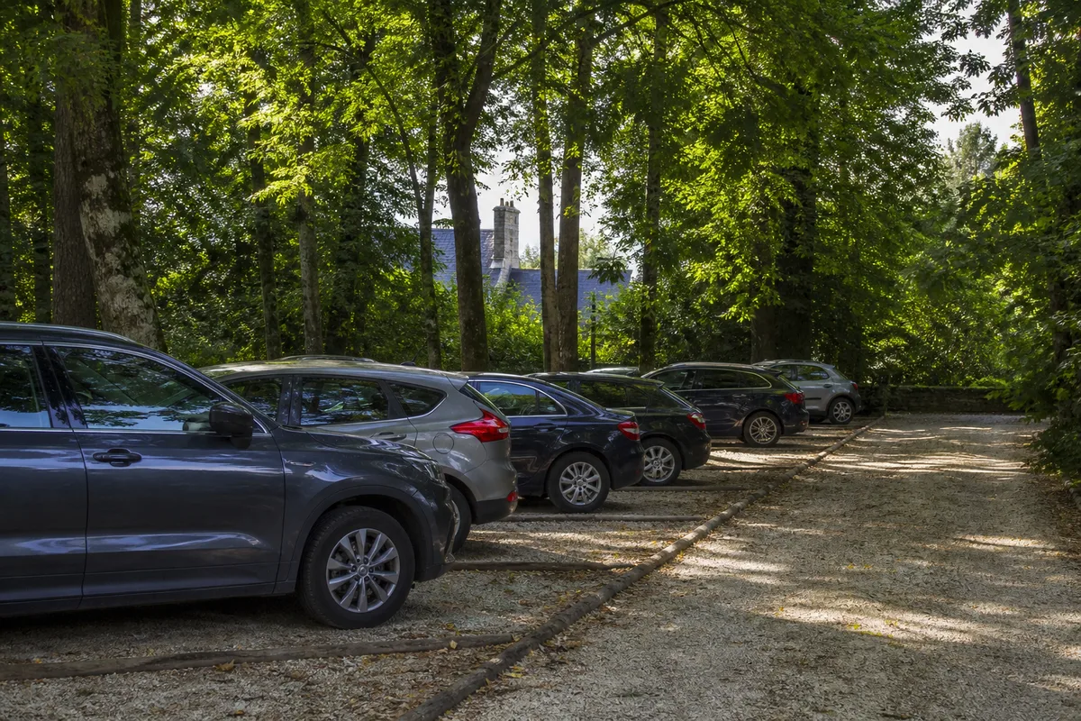 Parking de visiteurs d’un château du Val de Loire en sous-bois, allée gravillonnée bordée d’arbres, véhicules alignés et toiture d’ardoise visible au loin