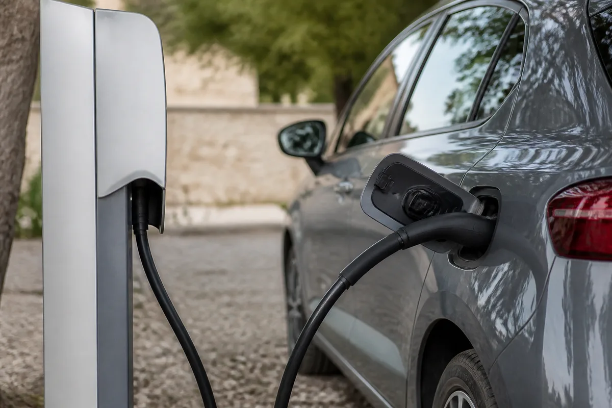 Borne de recharge pour véhicule électrique installée sur un parking arboré, câble branché sur une voiture, lumière douce de fin d’après-midi