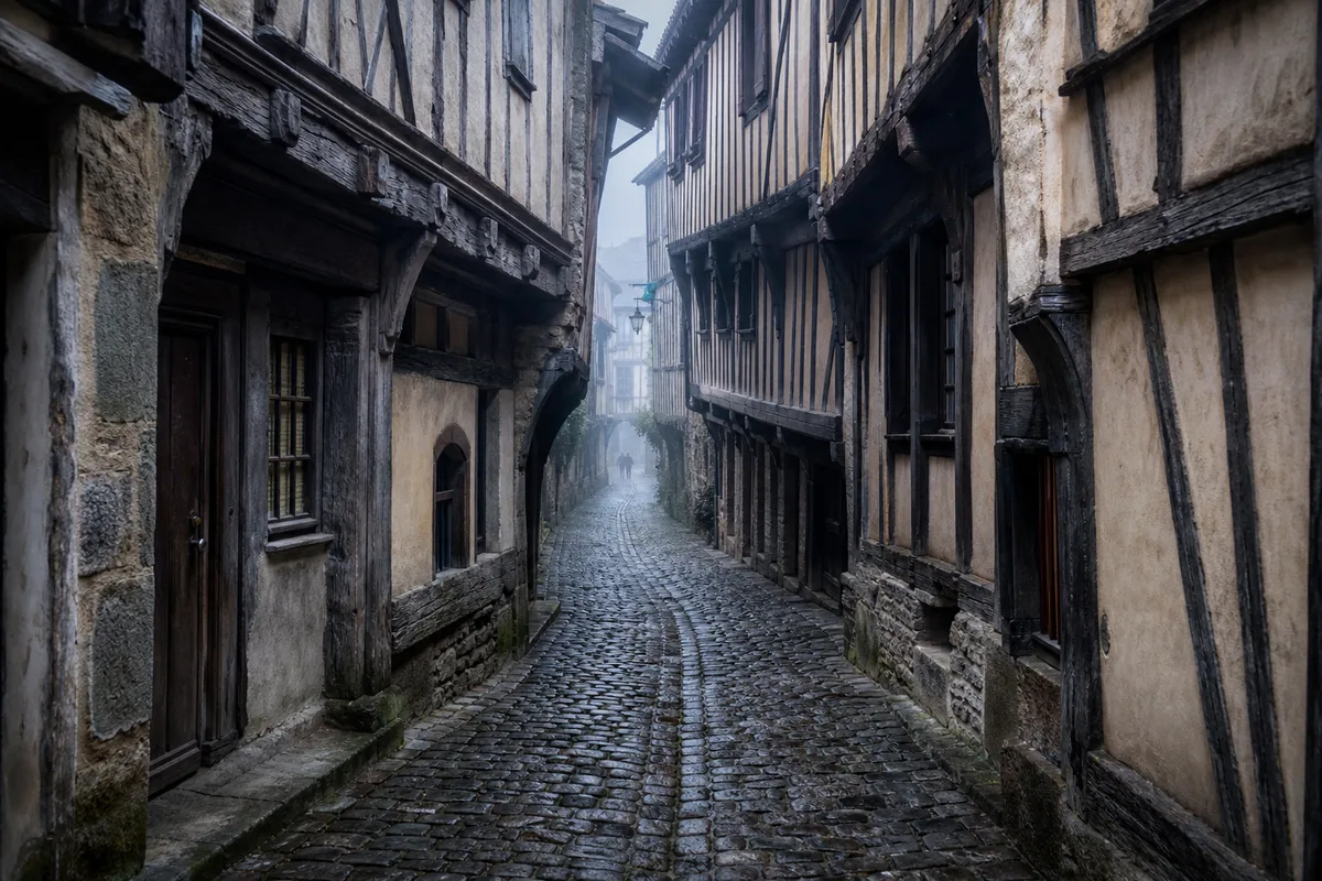 Ruelle médiévale bordée de maisons à encorbellement, étages en surplomb au-dessus des pavés