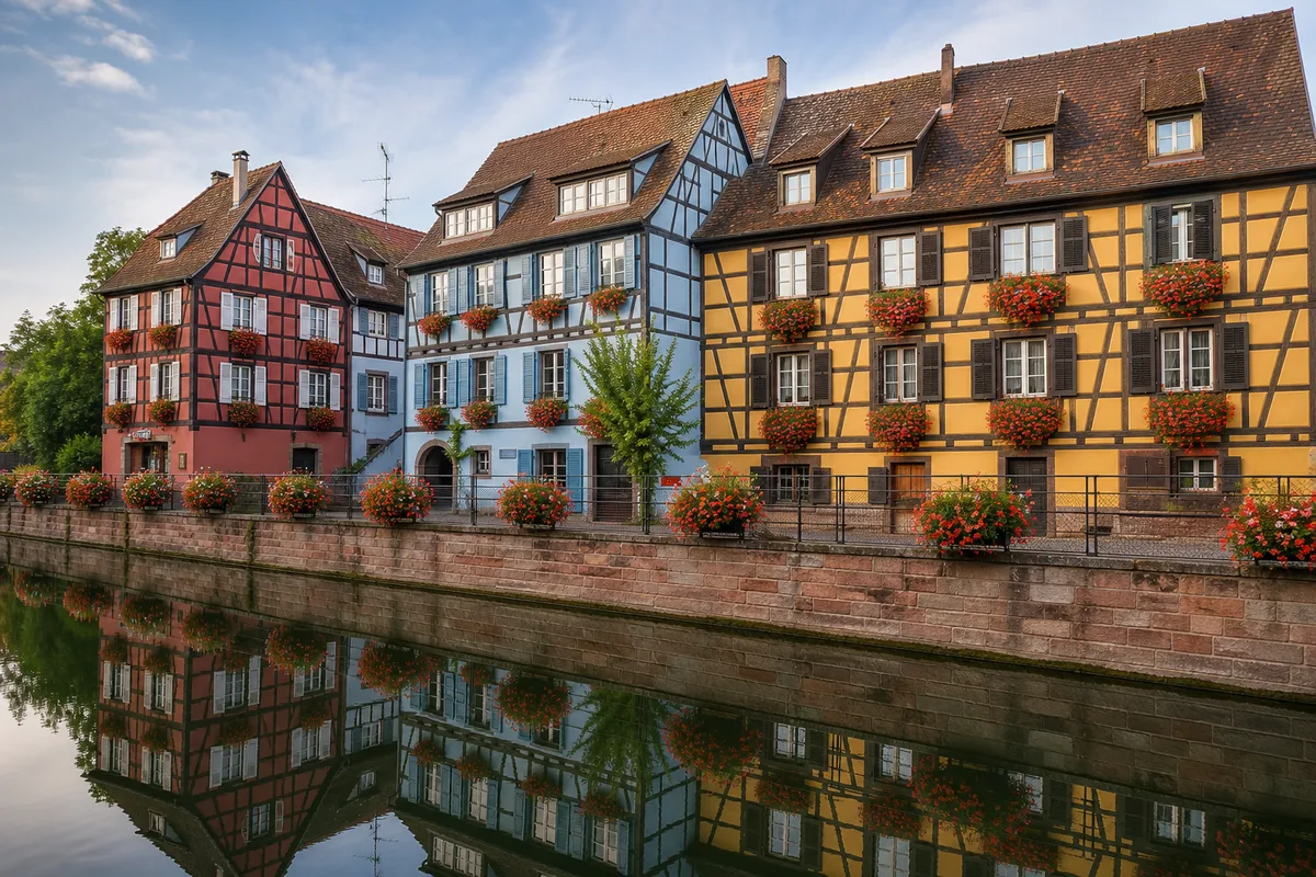 Maisons alsaciennes à colombages colorés le long d’un canal, volets et fleurs aux balcons