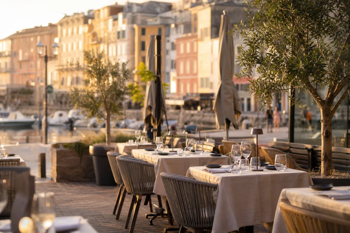 Terrasse de restaurant dressée au bord du vieux port de Bastia à l’heure du service