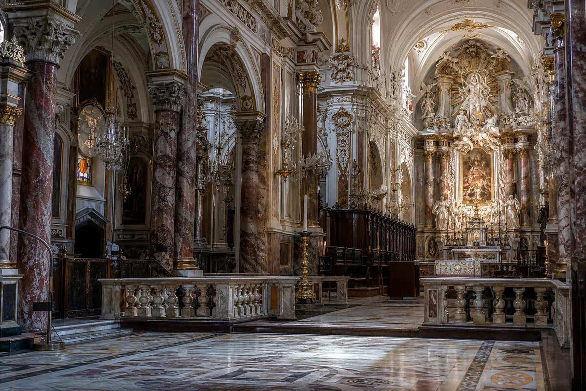 Nef baroque de la cathédrale Sainte-Marie de Bastia, dorures et retable sculpté