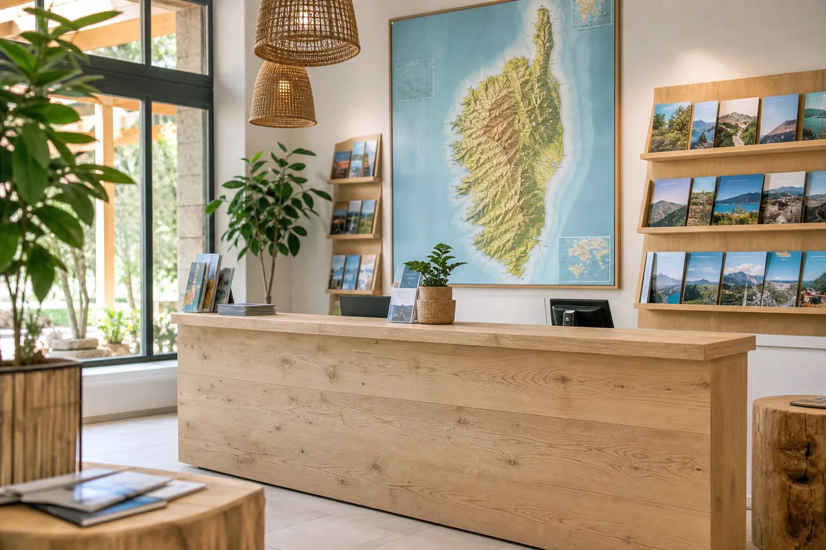 Comptoir d’accueil d’un office de tourisme avec brochures et carte de la Corse