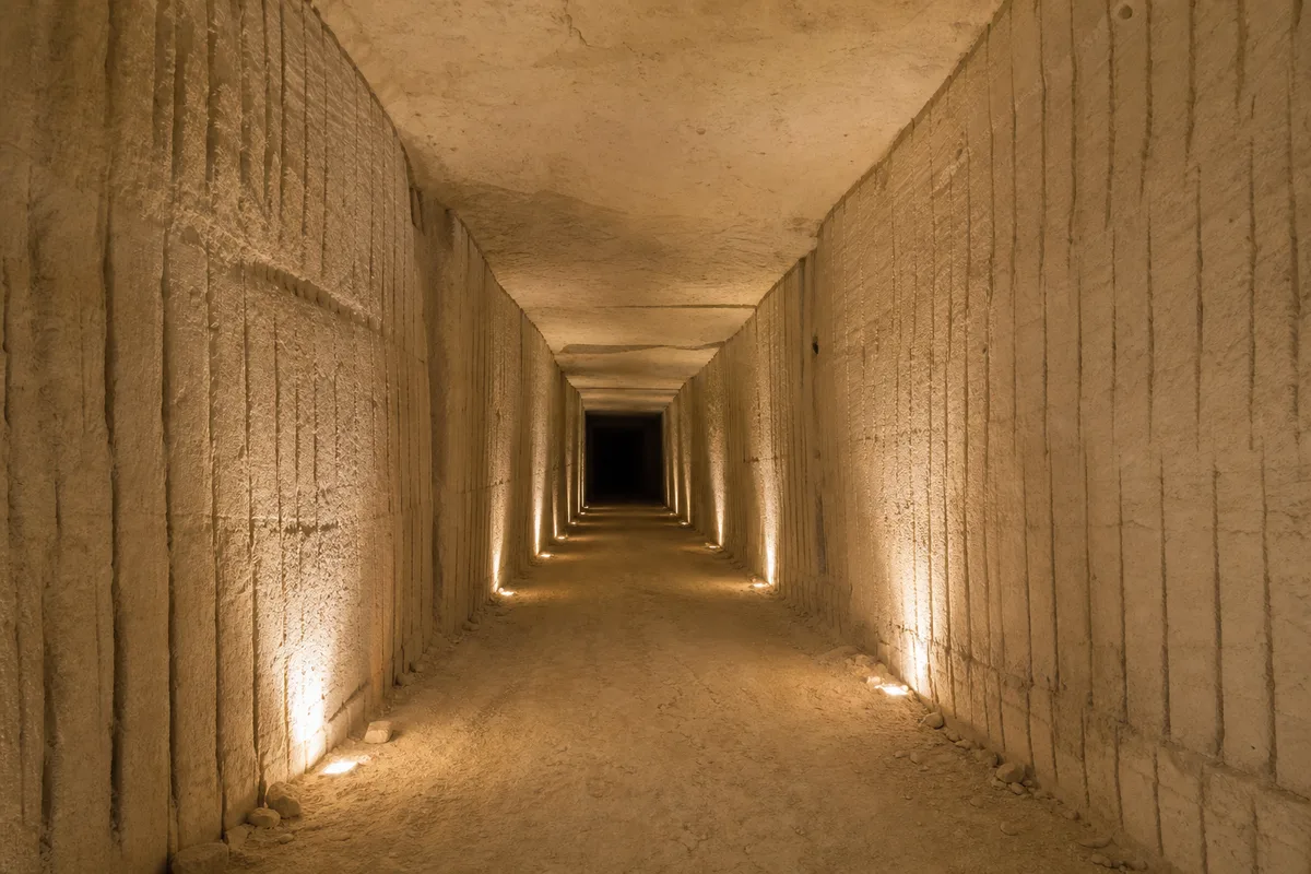 Galerie de carrière souterraine de tuffeau, parois claires portant les traces verticales des outils de coupe, éclairage rasant