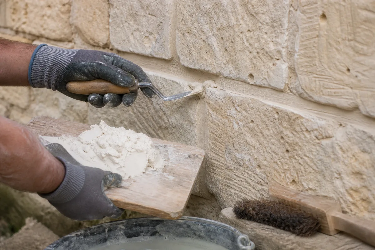 Mains gantées appliquant un mortier de chaux sur un mur en pierre calcaire